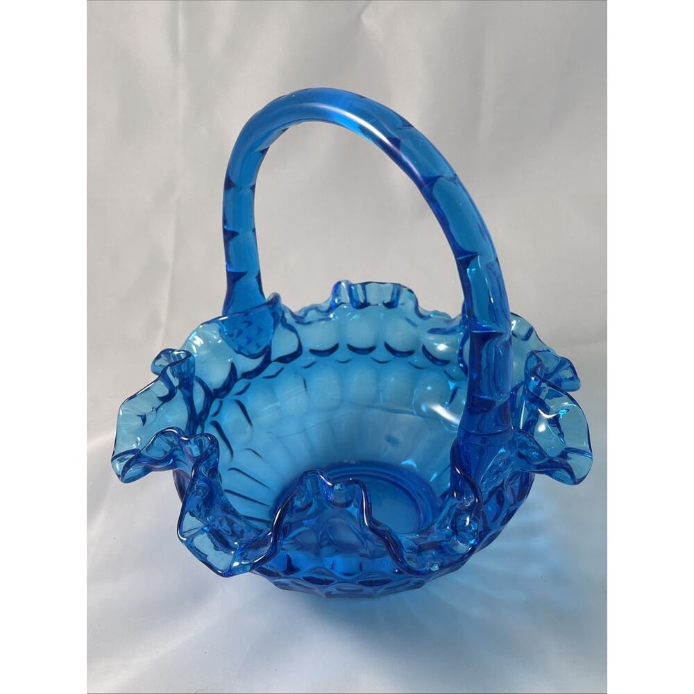 VTG FENTON Colonial Blue Thumbprint DBL Ruffle Basket Candy Dish 8"x7"